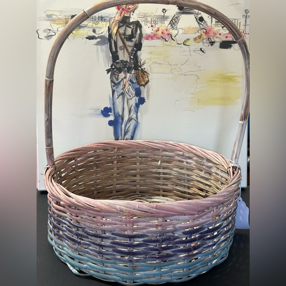 Large winter basket painted with pink purple blue